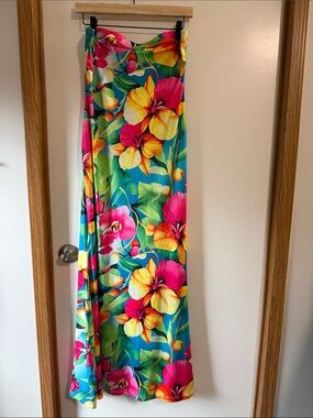 Strapless Tropical Floral Maxi Dress - Pink, Yellow & Blue